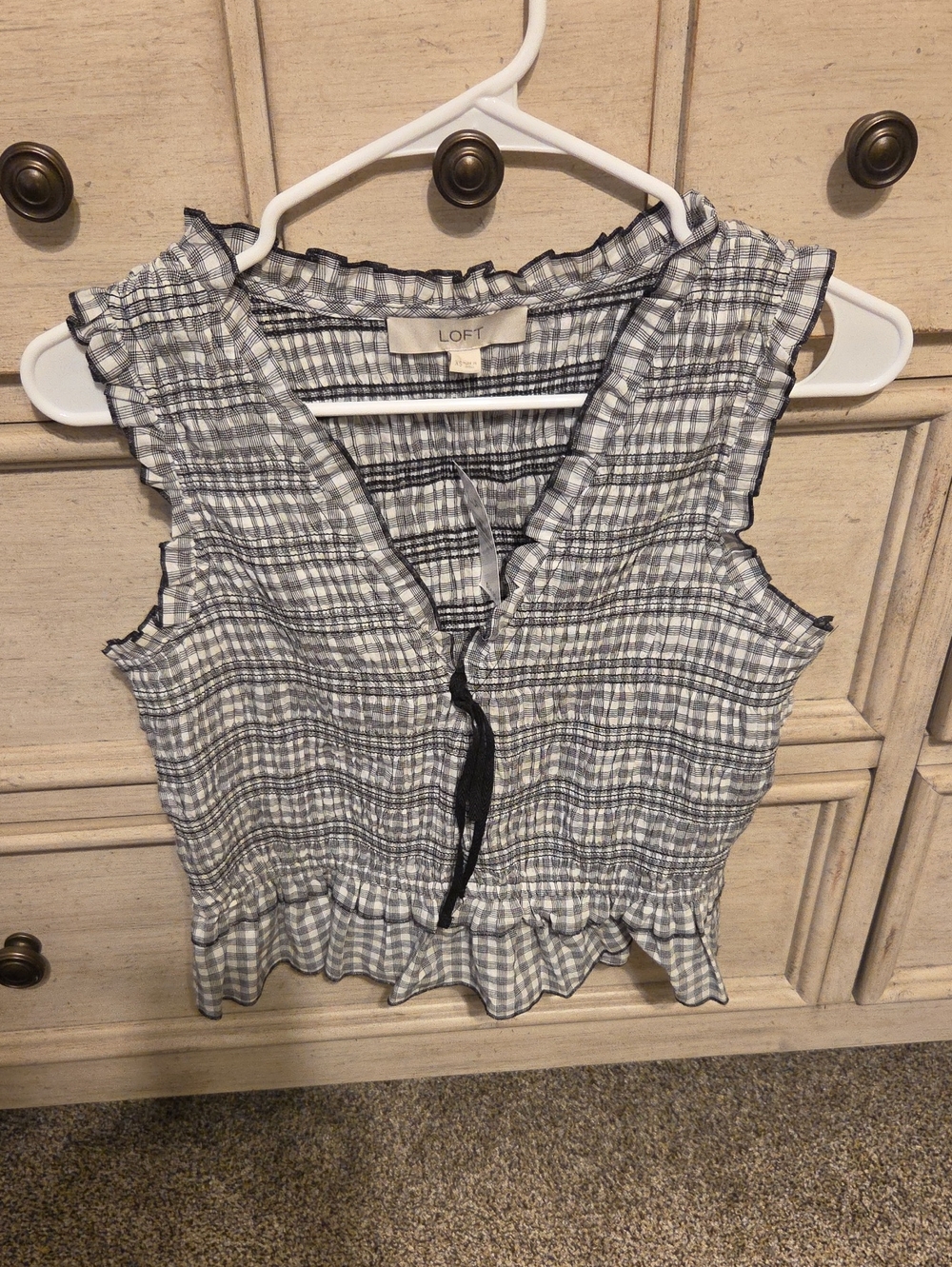 LOFT Black & White Gingham Ruffle Tie-Front Crop Top